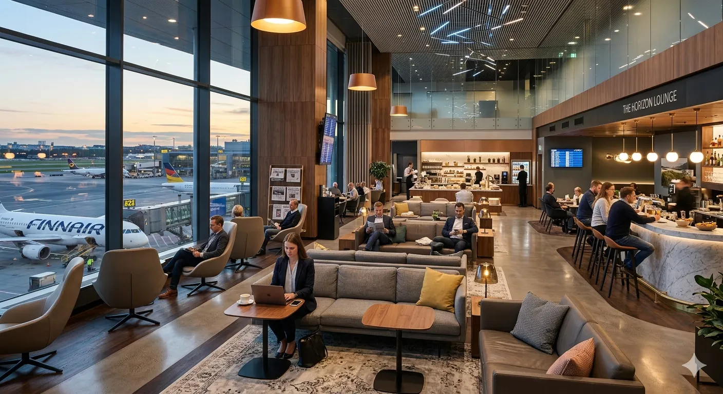 Business travellers working in a modern airport lounge